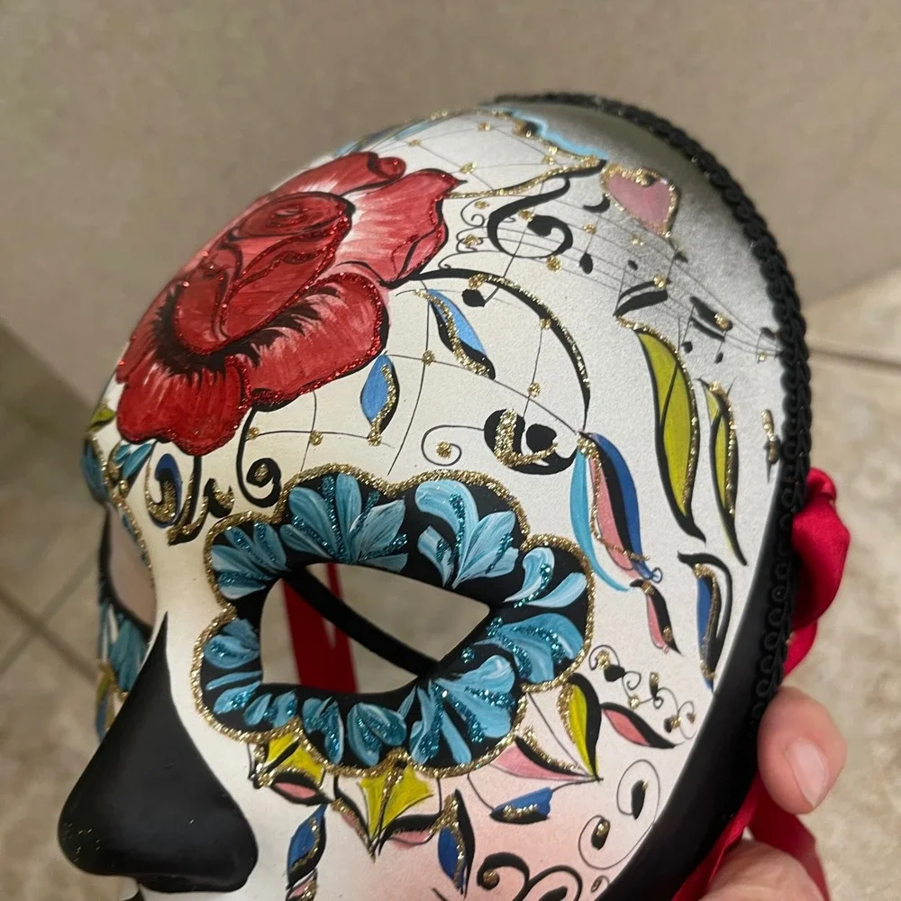 Day of the Dead New Hand Painted Italian Masquerade Mask Red Rose Blue‎ Flowers